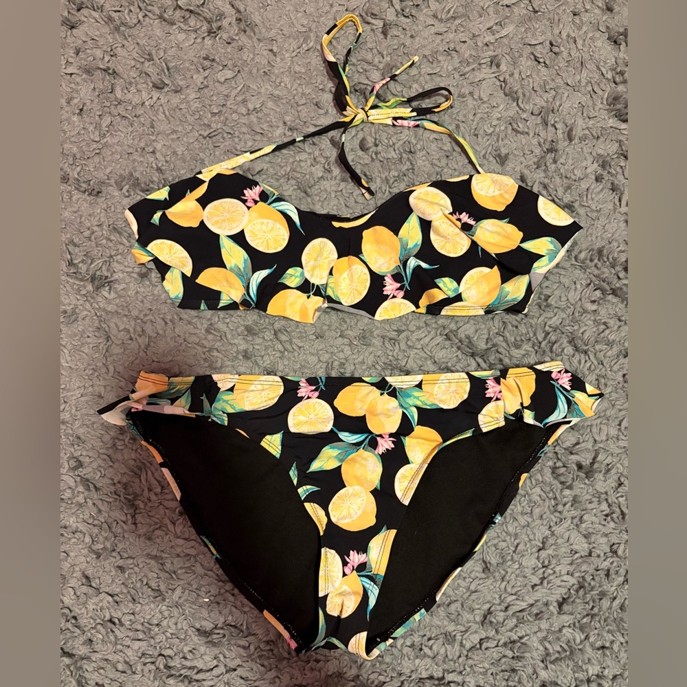 Lemon Print Black Bikini Set